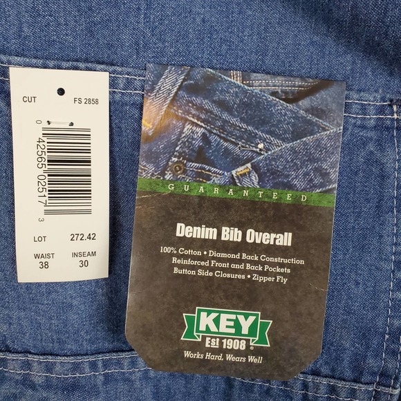 Key Other - Key Denim Bib Overall Zipper Fly Reinforced Pockets Men 38X30 Blue NWT